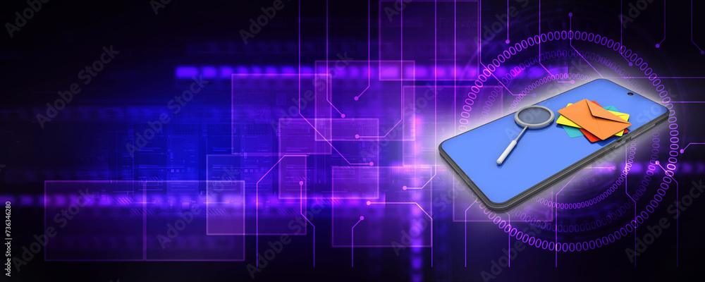 Aufkleber 3d rendering envelope network near lens with mobile phone