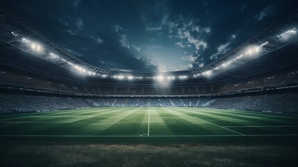 Amazing soccer stadium with bright lights and green field at night for championship game - obrazy, fototapety, plakaty