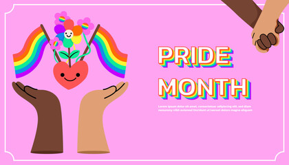 Hand holding flowers and rainbow flags. holding hands, black man's hand, Tanned person's hand LGBTQ banner template on pink background.day celebration or parade. 