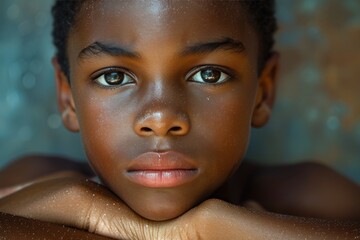 A young boy's innocent gaze captures the beauty of childhood, with soft skin, a mischievous smile, and wide eyes filled with wonder - obrazy, fototapety, plakaty