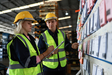 Blue-collar workers work at the KANBAN 
 delivery board at the warehouse.Supervisor and officer warehouse discussion at the Delivery schedule board