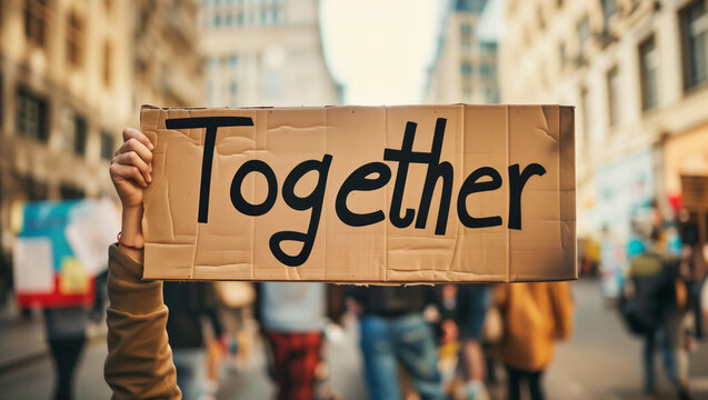 Close-up a banner with the powerful slogan "Together", emphasizing the individual's commitment to the cause at the strike