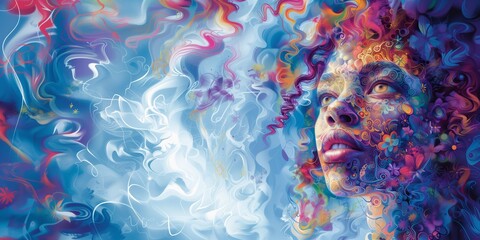 Colorful illustration of a woman's face in psychedelic abstract art.