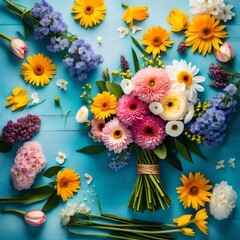 bouquet of flowers, Bouquet of beautiful spring flowers on a pastel blue table top view. The vibrant colors of the flowers pop against the soft blue backdrop, creating a cheerful and uplifting scene