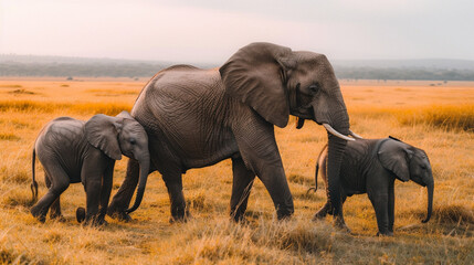 A family of elephants marching across the African savanna at sunset showcasing the beauty of wildlife in their natural habitat