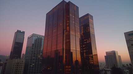 The sunset reflects off the glass facades of urban skyscrapers.