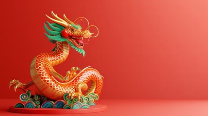 Dragon 3D chinese 2024 year gold new lunar cny podium happy background red golden. chinese dragon 3D banner china festive illustration invitation money party green japanese render celebration blue 