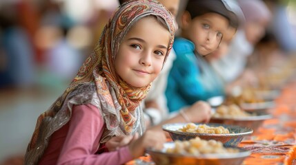 Islam people in ramadhan with a lantern on the mosque, food, happpy vibes, islamic and floating lantern background