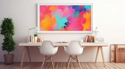 A clean and simple office setup with a blank white empty frame, showcasing a vibrant, abstract digital illustration.