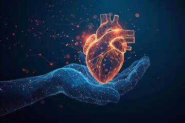 A hand holding human heart in a technological backdrop illustrated dark blue backdrop, Generative AI. - obrazy, fototapety, plakaty