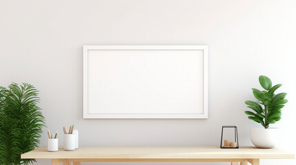 A clean and simple office setup with a blank white empty frame, showcasing a vibrant, abstract digital illustration.