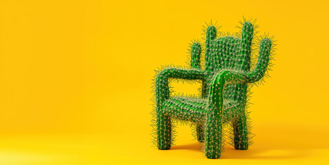 Armchair made of cactus on yellow background.