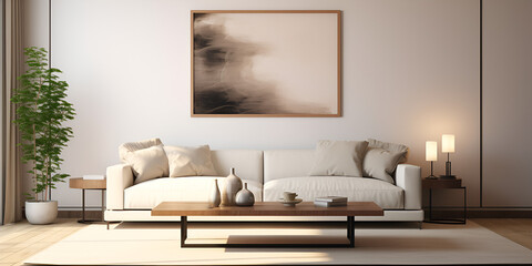 Simple living room with grey couches and wall shelves Interior of modern living room with white sofa, coffee table and poster. 3d render.