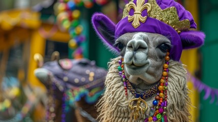 Hieroglyph photo of a pretty llama wearing a peru beanie hat wearing inka necklace wearing fleur de lis earrings listening to the cute new orleans jazz  - obrazy, fototapety, plakaty