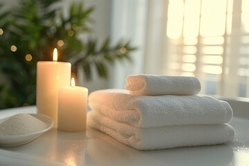 Obraz na płótnie Canvas Home Spa Fluffy White Towels, Serene Calming Candles, and a Bright, Clean Background for Ultimate Relaxation and Wellness, Relaxing Day at Home