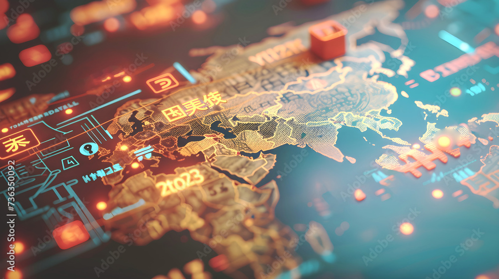 Poster virtual world map displaying global network of users, money transfer and currency signs
