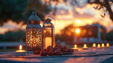 Islam people in ramadhan with a lantern on the mosque, food, happpy vibes, islamic and floating lantern background
