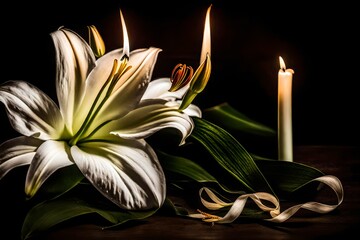 white lily on black , A burning candle casts a flickering light, illuminating a solemn scene. White lily flowers, symbols of purity and remembrance, stand in a vase nearby