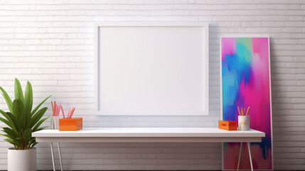 A clean and simple office setup with a blank white empty frame, showcasing a vibrant, abstract digital artwork.