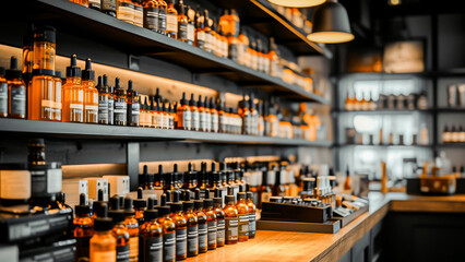 An array of neatly arranged medicine bottles and healthcare products on the shelves of a modern pharmacy store. - obrazy, fototapety, plakaty