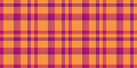 Present texture background seamless, advertising plaid textile vector. Gingham pattern check tartan fabric in pink and orange colors.