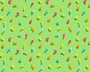 Stationery pattern with colorful push pins on light green background