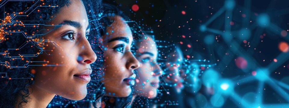 Close up of group of multinational people and technology, visual for banner o advertisement. - Powered by Adobe