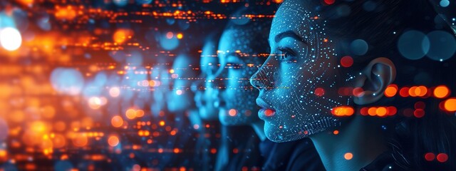 Close up of group of multinational people and technology, visual for banner o advertisement.