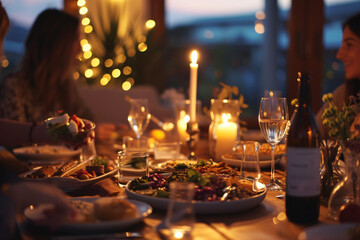 Friends enjoying a candlelit dinner with wine and festive lights at twilight