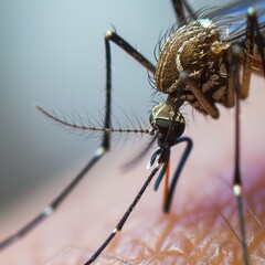 Close up a Mosquito sucking human blood. Mosquito on human skin.