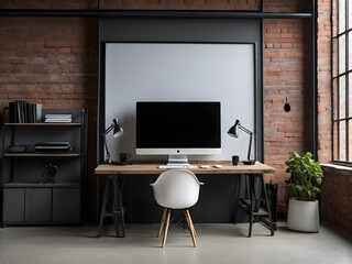 Computer all-in-one with a blank screen front in industrial loft office interior design.