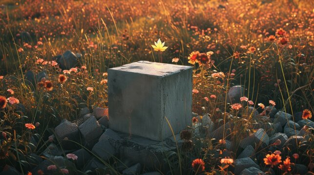 the single cement block in the middle of a flourishing field with a single glowing leaf on the block 