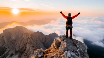 Fotobehang A breathtaking view of a hiker celebrating success at the summit during a colorful sunrise over a cloud-covered mountain landscape. © apratim