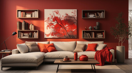  living room feature wall design, un usual colour scheme, ai generated