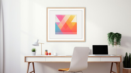A clean and simple office setup with a blank white empty frame, showcasing a vibrant, geometric art composition.