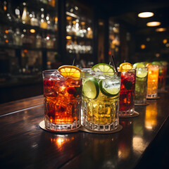 mojito cocktail on the table. Row of different alcoholic or non-alcoholic cocktails on a bar counter. Pink, yellow, orange and red. Slice of lemon or lime. Syrup. Sweet fruit juice