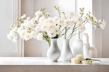 bouquet of white flowers, Home interior with white flowers in a vase on a light background for product display. The minimalist setting allows the delicate blooms to take center stage, their pristine p