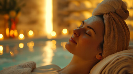 Fototapeta na wymiar Beautiful young woman relaxing in spa salon. Spa treatment concept.