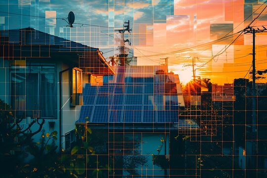 Colagem artística de casa com painéis solares ao pôr do sol