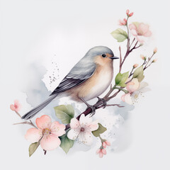 watercolor cute robin bird on spring blossom branch. Spring flowers on tree and beautiful bird. Can used for greeting card, invitation, postcard, embroidery template. 