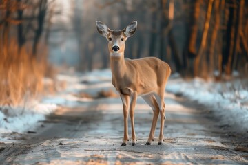 Majestic deer gracefully standing in serene snowy forest, looking curiously at camera