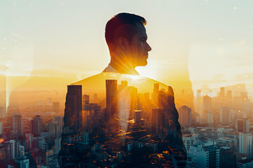 Double exposure of business man against city with sunset, 