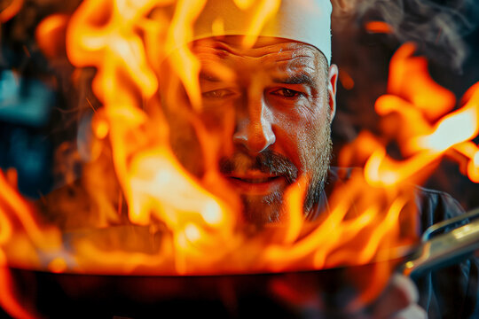 Professional cooking chef preparing food, flame motion on pan in front of male face