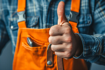 Unknown worker repairman give thumb up, tradesman thumb up