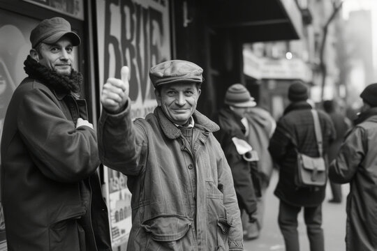 Cheerful vintage street man thumb up and smiling at camera, 70s, 80s, 90s, black and white picture