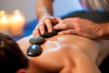 Stone therapy, man's back getting hot stone massage at spa beauty salon, top view