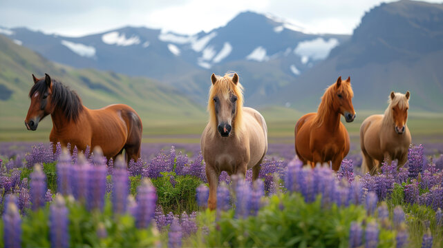Horses in the field of blooming lupins in Iceland