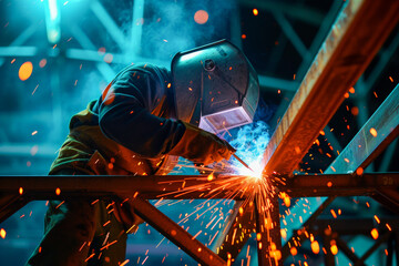 A welder is welding steel roof frame, man welds at the factory, industry concept