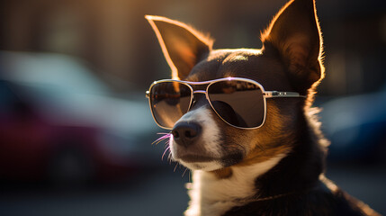 A stylish dog wearing sunglasses, basking in the sunlight with a confident pose