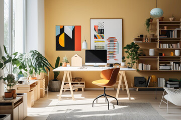 A clean, Scandinavian-inspired office setup with a mix of light wood furniture and bold, colorful accents scattered throughout the space.